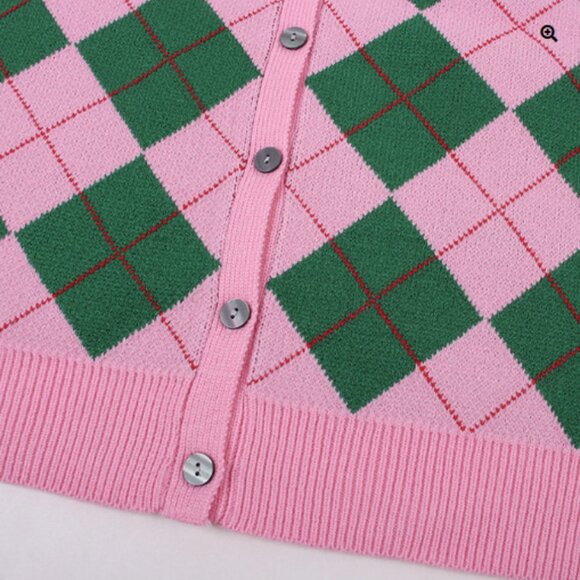 Womens Size M Top Knit Green & Pink Argyle Pattern Cardigan - Picture 3 of 11